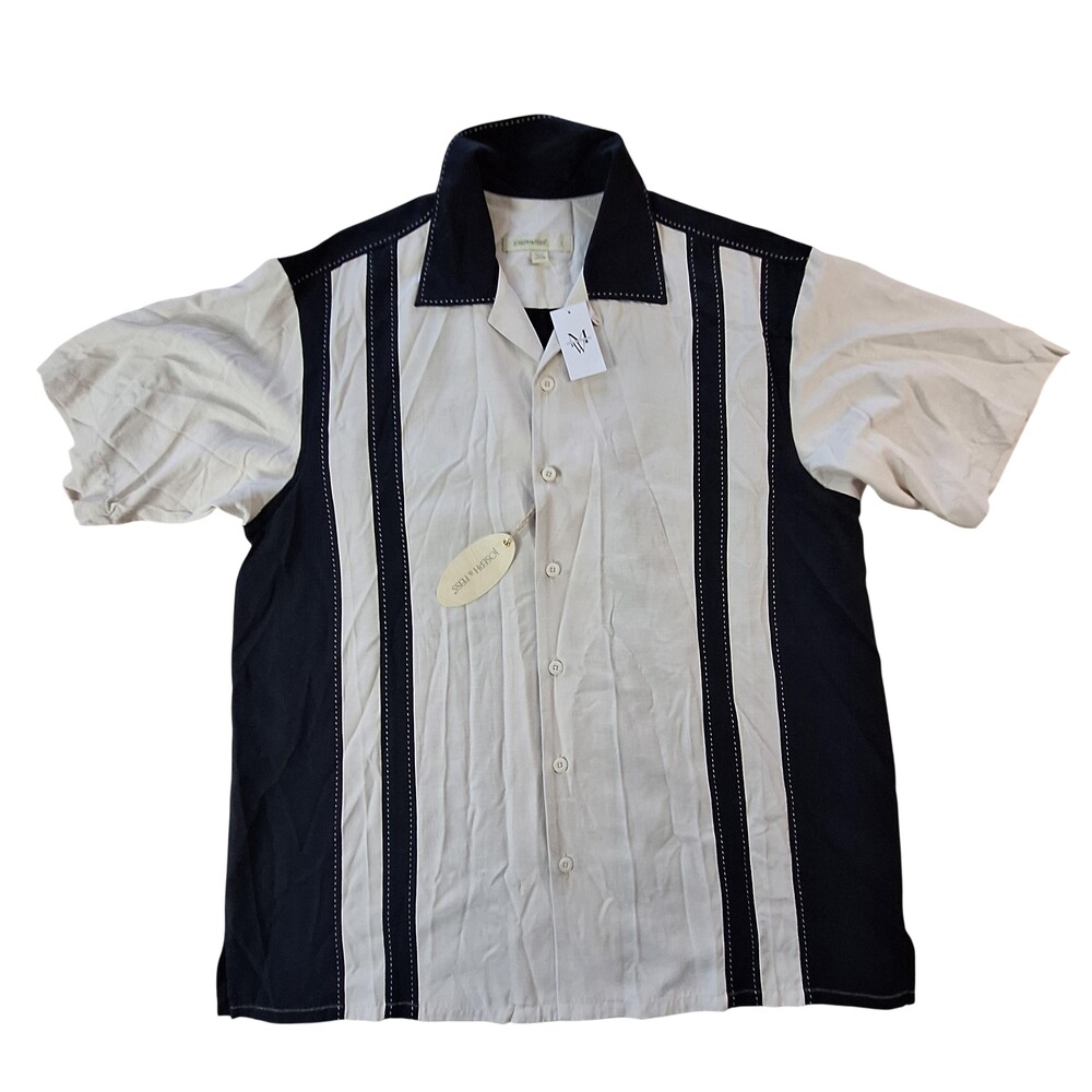 Joseph & Feiss Shirt Mens Large Blue Stripe Silk Short Sleeve Resort Button Up